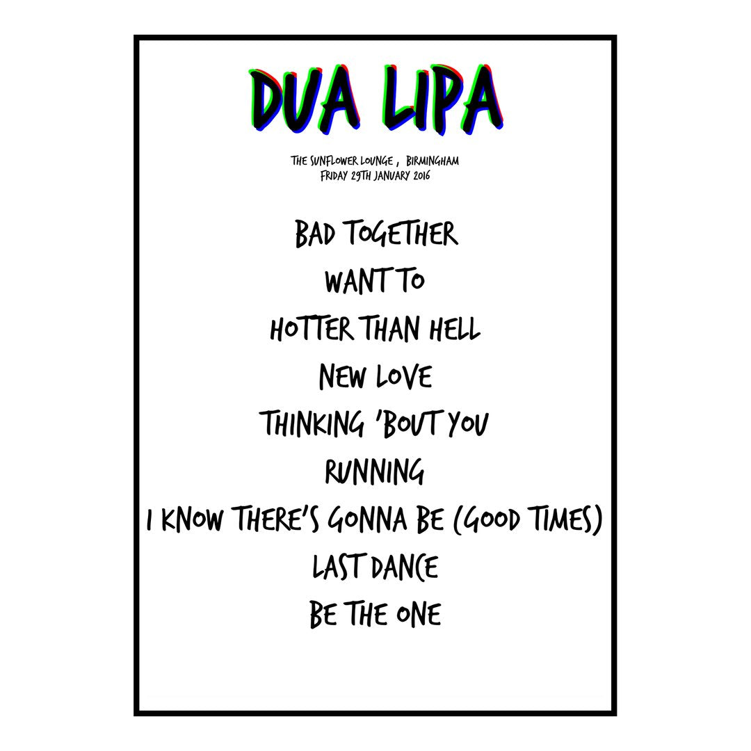 Dua Lipa Birmingham 29th January 2016 Setlist poster