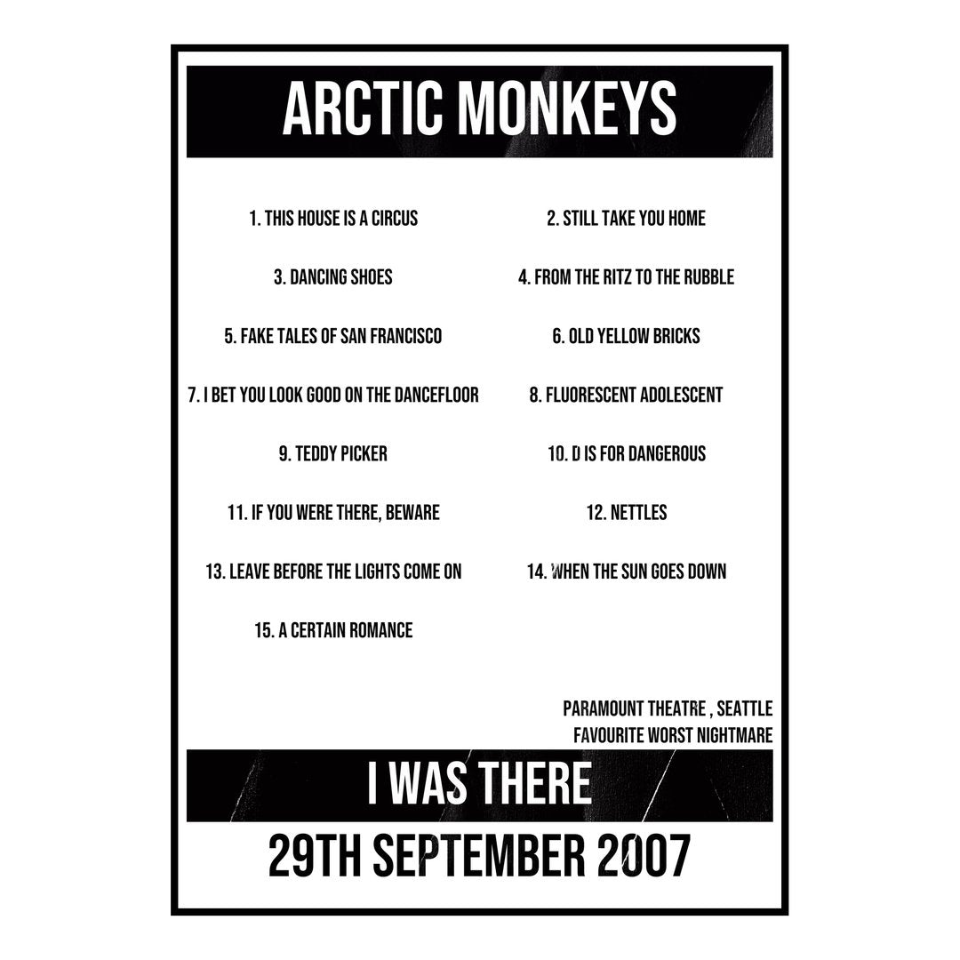 Arctic Monkeys Seattle 29th September 2007 Setlist poster