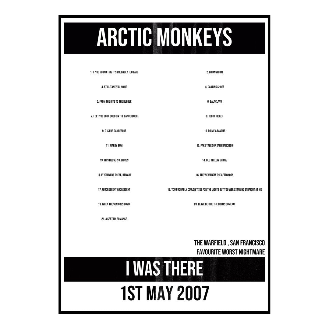 Arctic Monkeys San Francisco 1st May 2007 Setlist poster