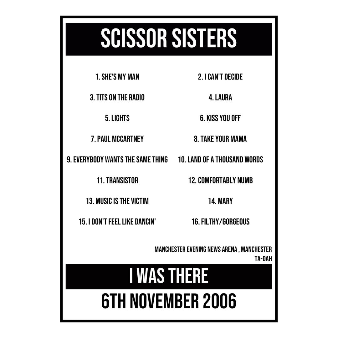 A Setlist Poster Featuring Scissor Sisters Gig from Manchester in 2006