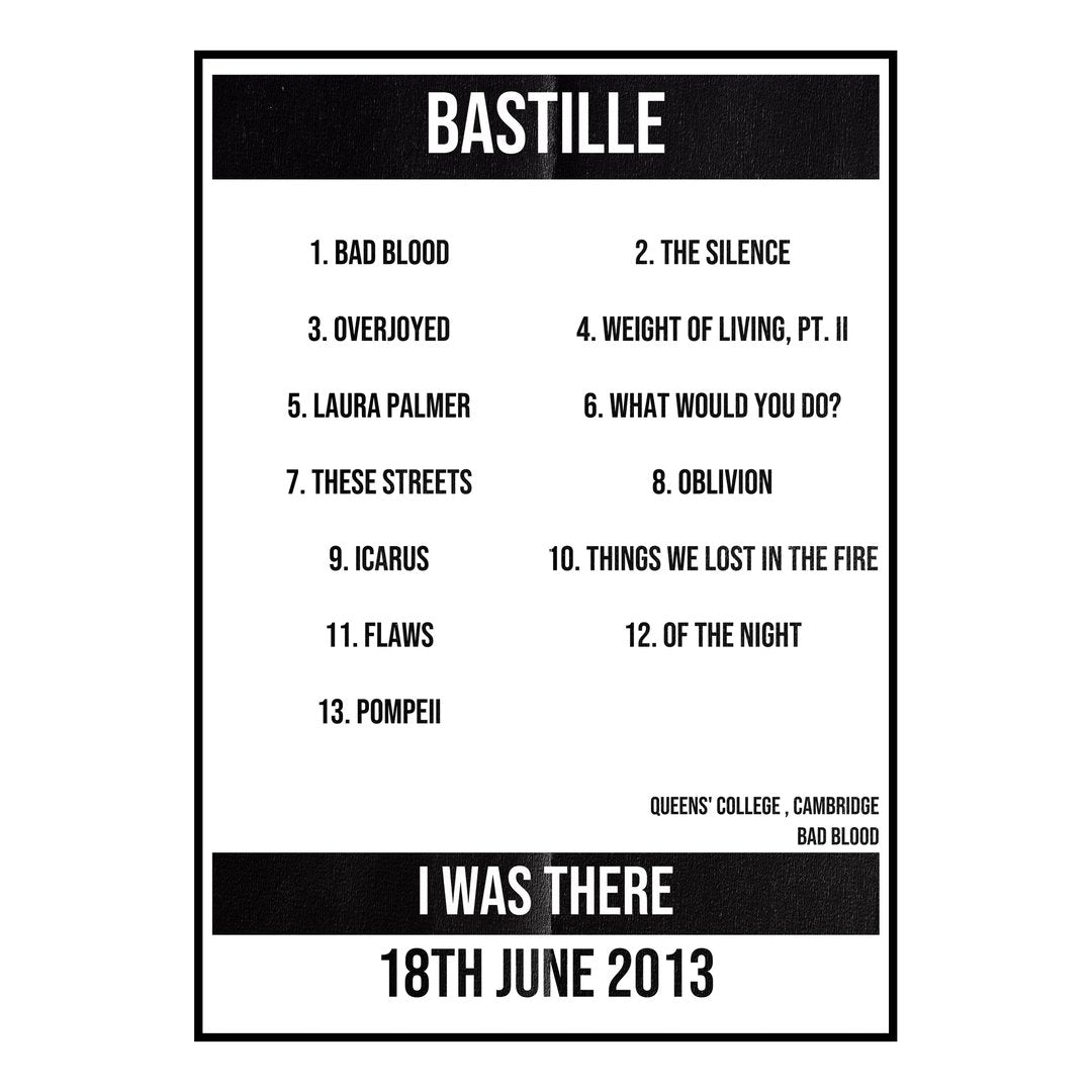 Bastille Cambridge 18th June 2013 Setlist poster
