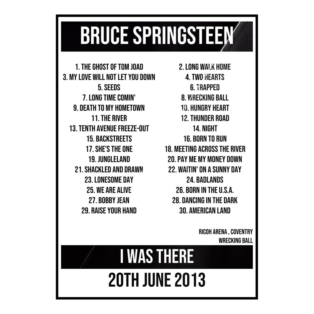 Bruce Springsteen Coventry 20th June 2013 Setlist poster