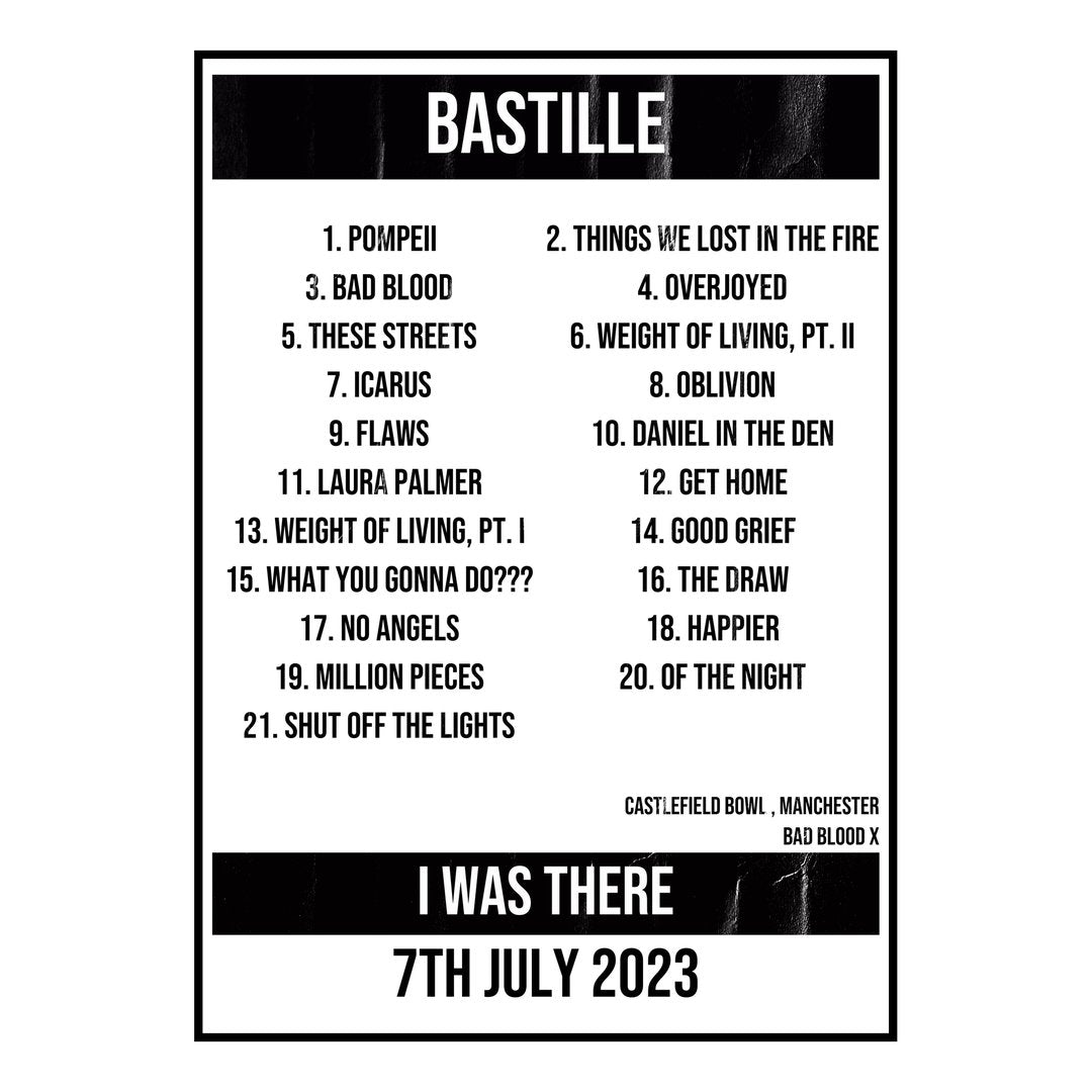 Bastille Manchester 7th July 2023 Setlist poster