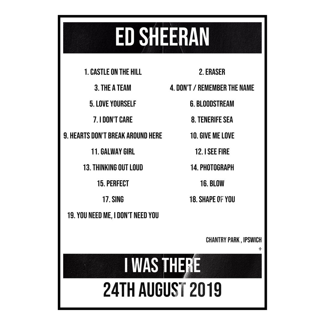 Ed Sheeran Ipswich 24th August 2019 Setlist poster