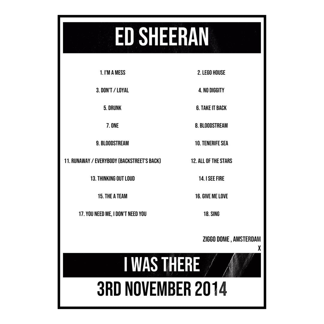 Ed Sheeran Amsterdam 3rd November 2014 Setlist poster