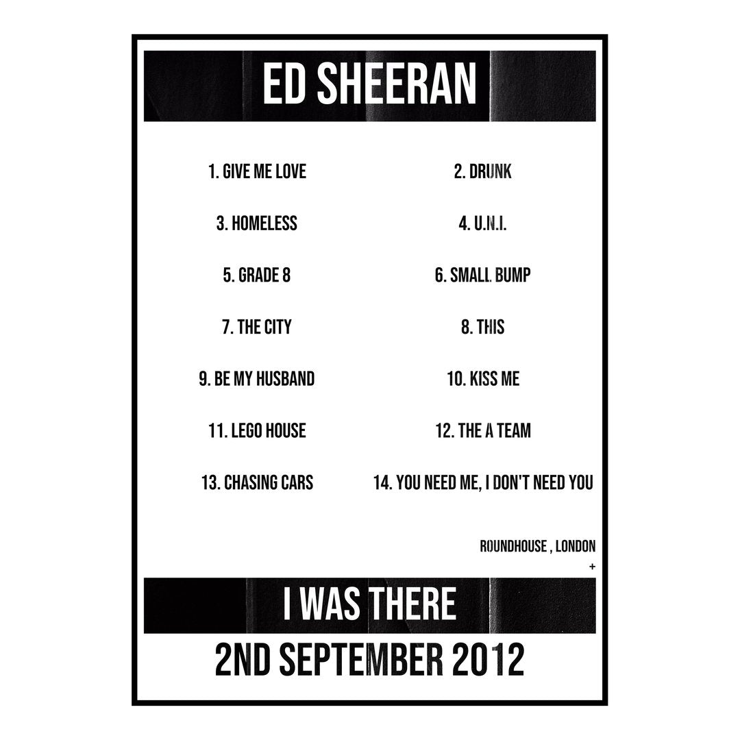 Ed Sheeran London 2nd September 2012 Setlist poster