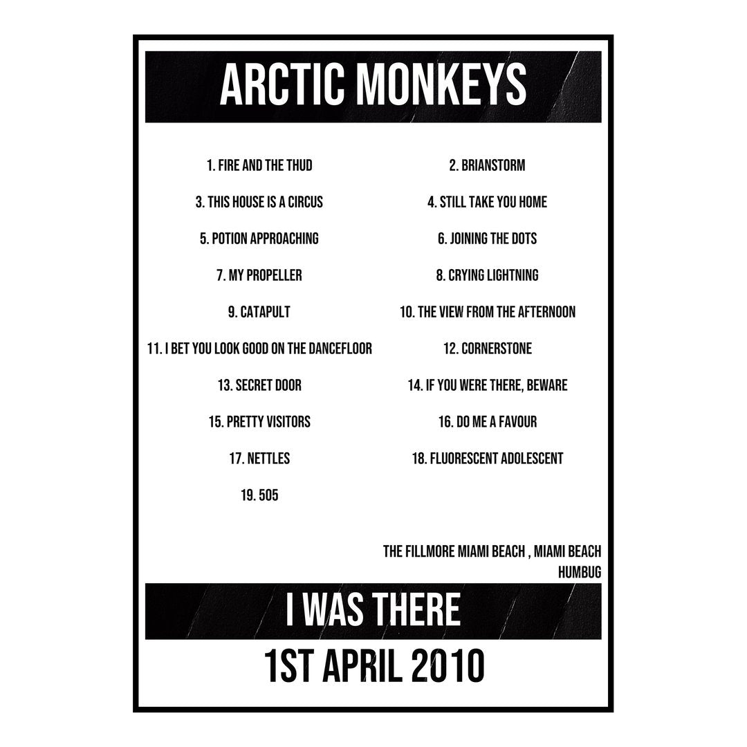 Arctic Monkeys Miami Beach 1st April 2010 Setlist poster