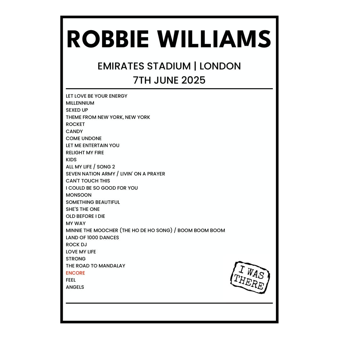 Robbie Williams London 7th June 2025 Setlist poster