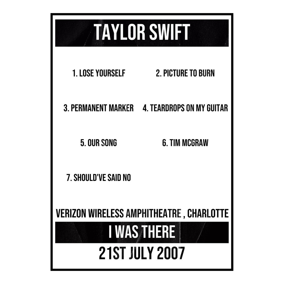 Taylor Swift Charlotte 21st July 2007 Setlist poster