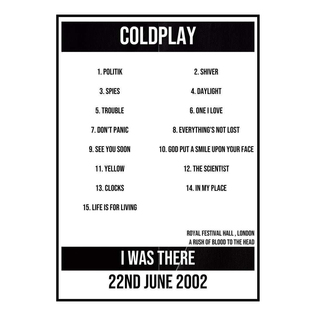 Coldplay London 22nd June 2002 Setlist poster