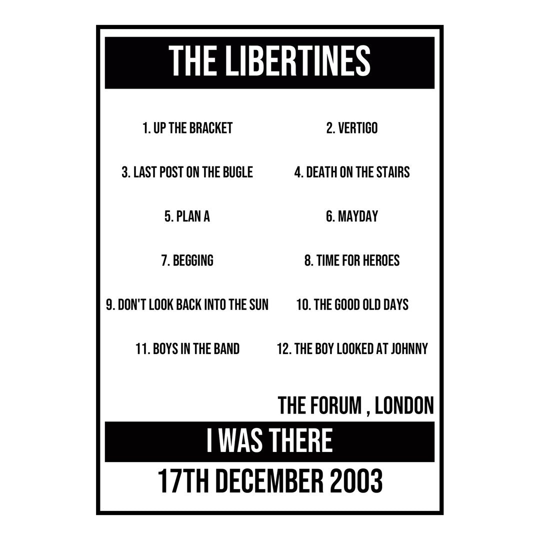 A Setlist Poster Featuring The Libertines Gig from London in 2003