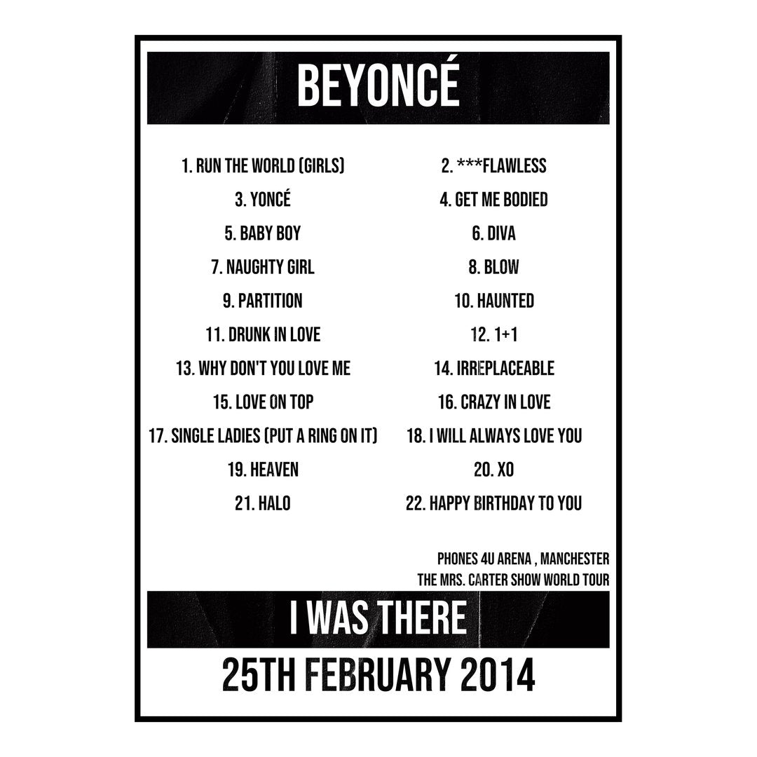 Beyoncé Manchester 25th February 2014 Setlist poster