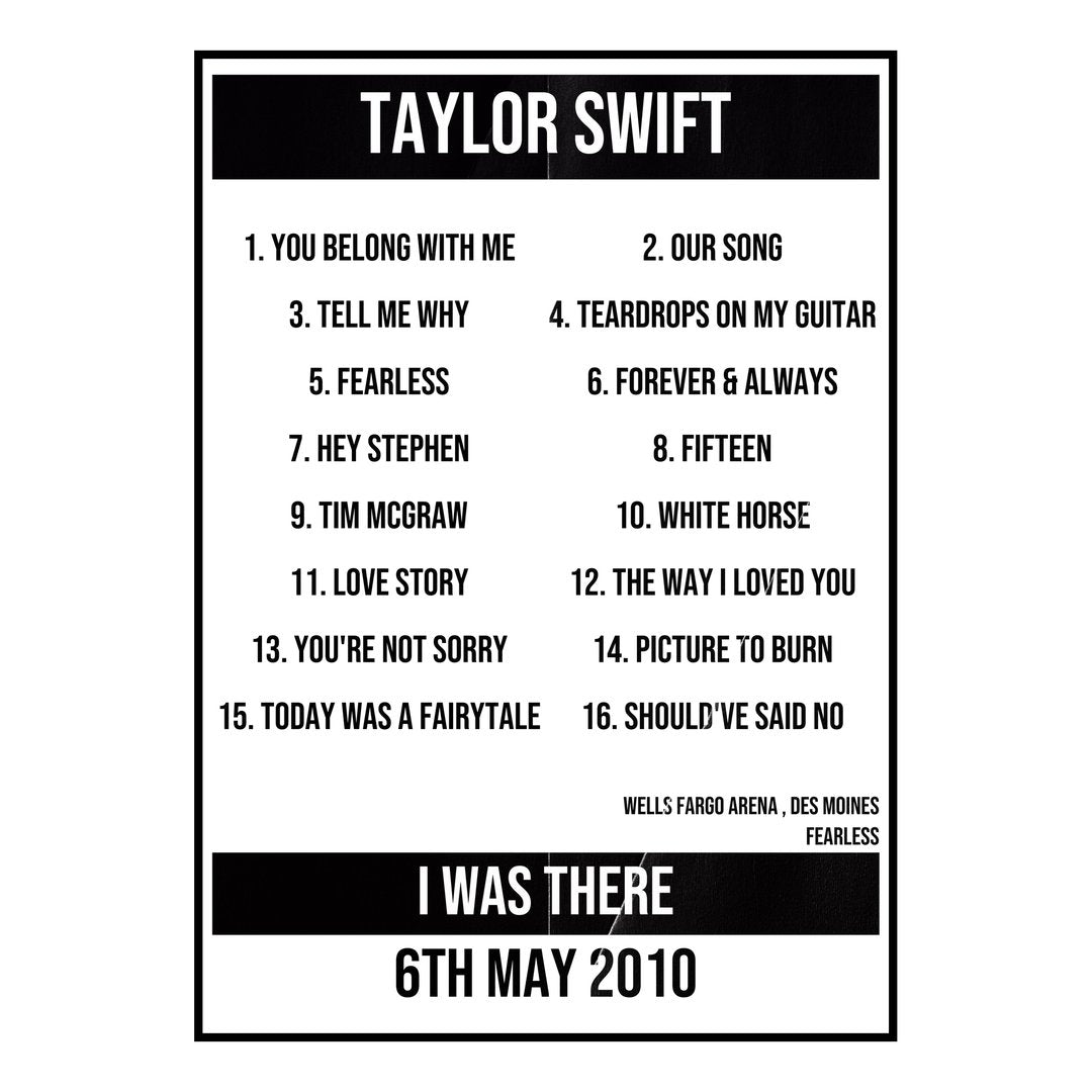 Taylor Swift Des Moines 6th May 2010 Setlist poster