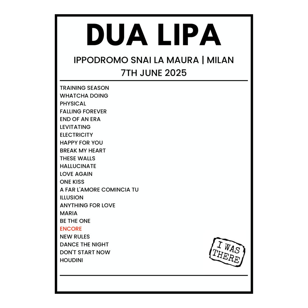 Dua Lipa Milan 7th June 2025 Setlist poster