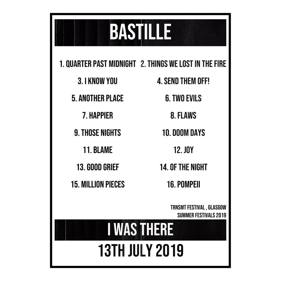 Bastille Glasgow 13th July 2019 Setlist poster