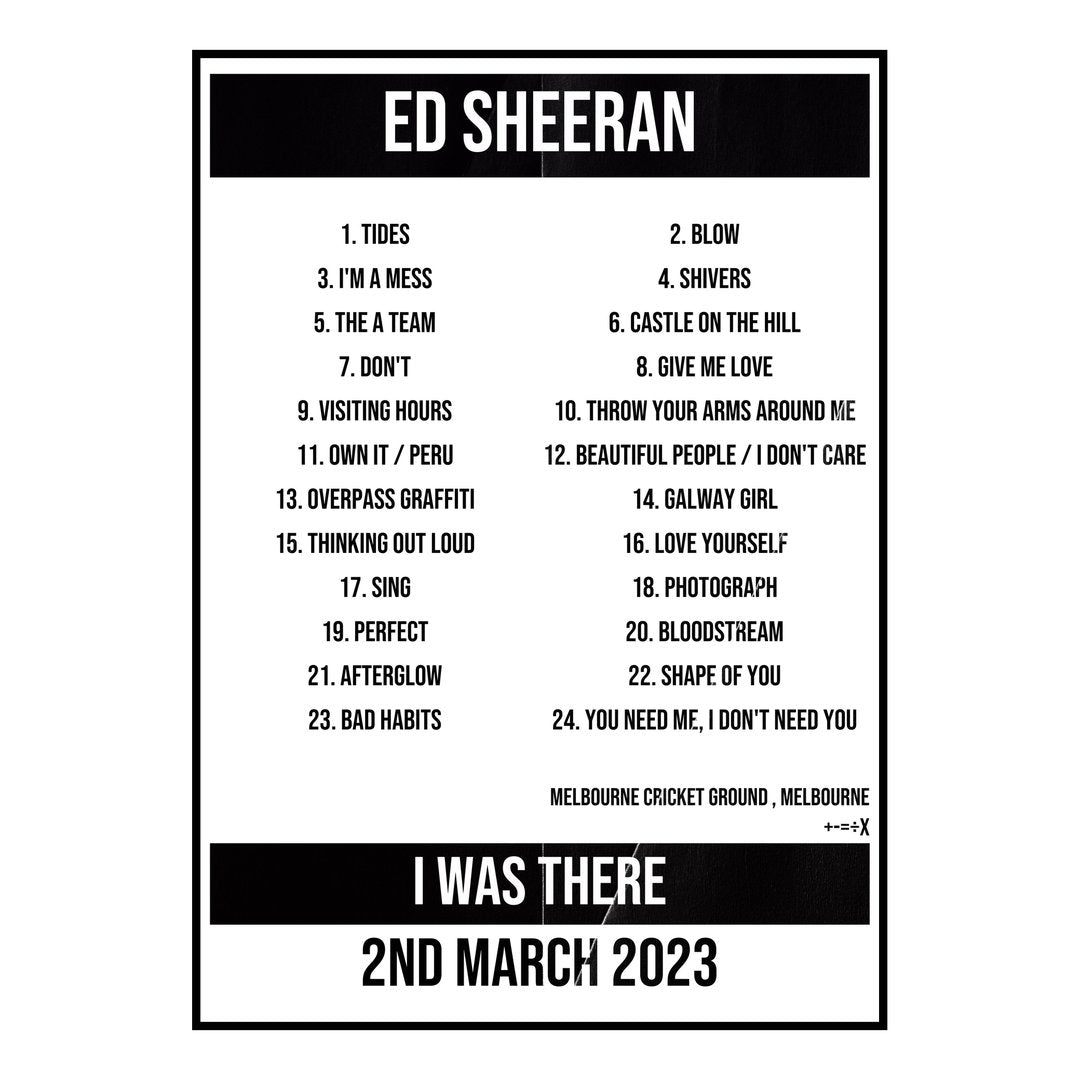 Ed Sheeran Melbourne 2nd March 2023 Setlist poster