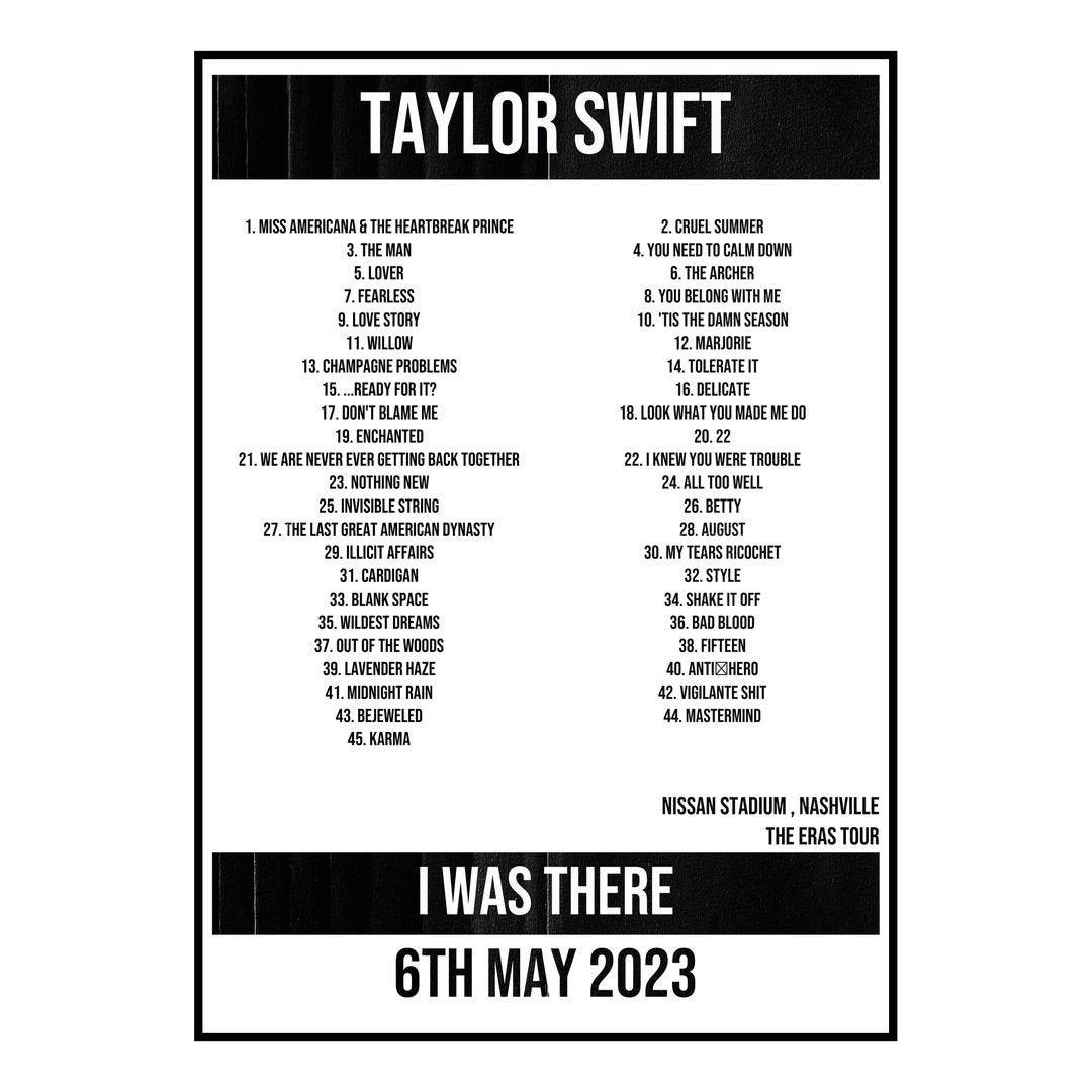 Taylor Swift Nashville 6th May 2023 Setlist poster