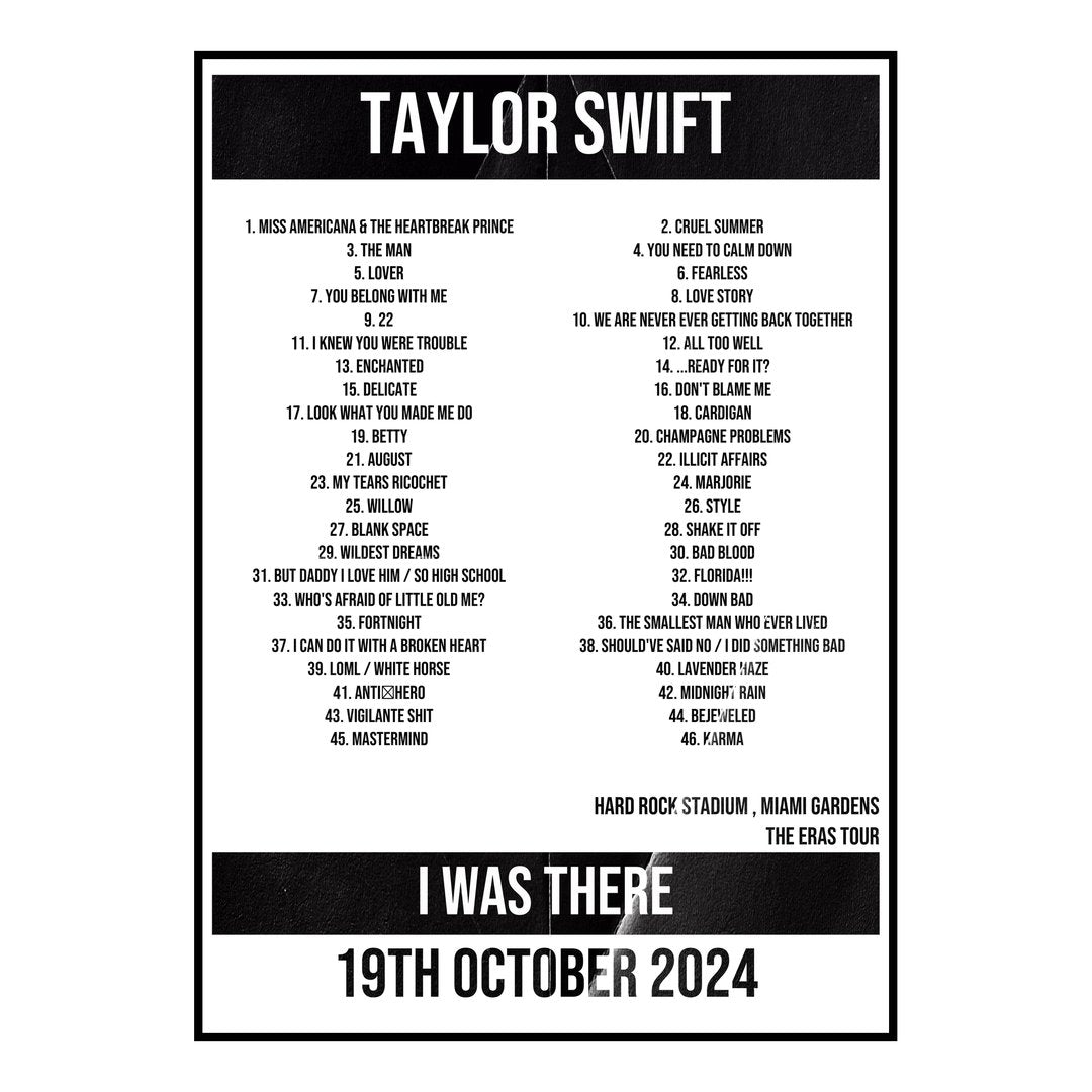 Taylor Swift Miami Gardens 19th October 2024 Setlist poster