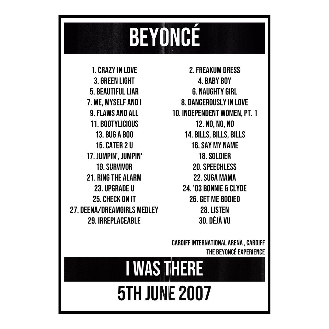 Beyoncé Cardiff 5th June 2007 Setlist poster