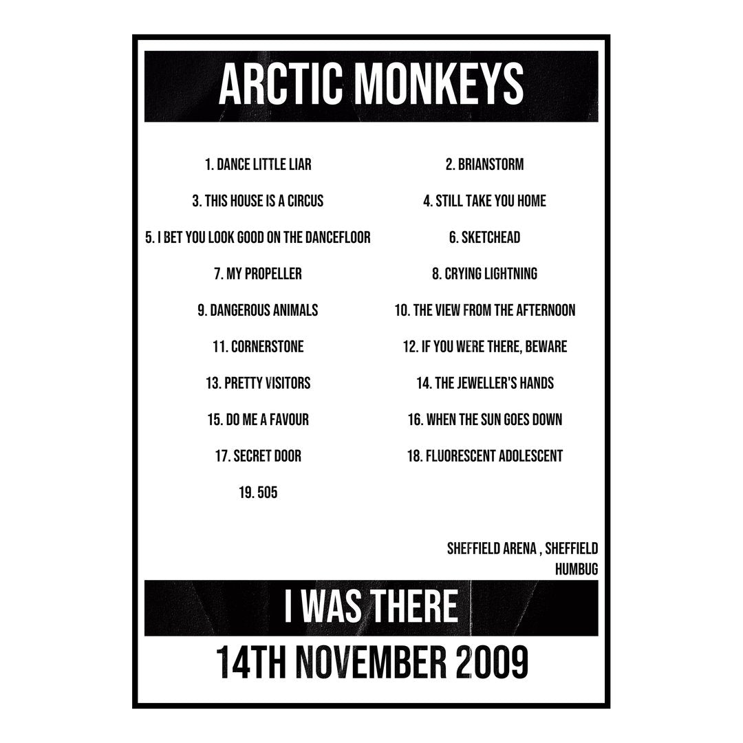 Arctic Monkeys Sheffield 14th November 2009 Setlist poster