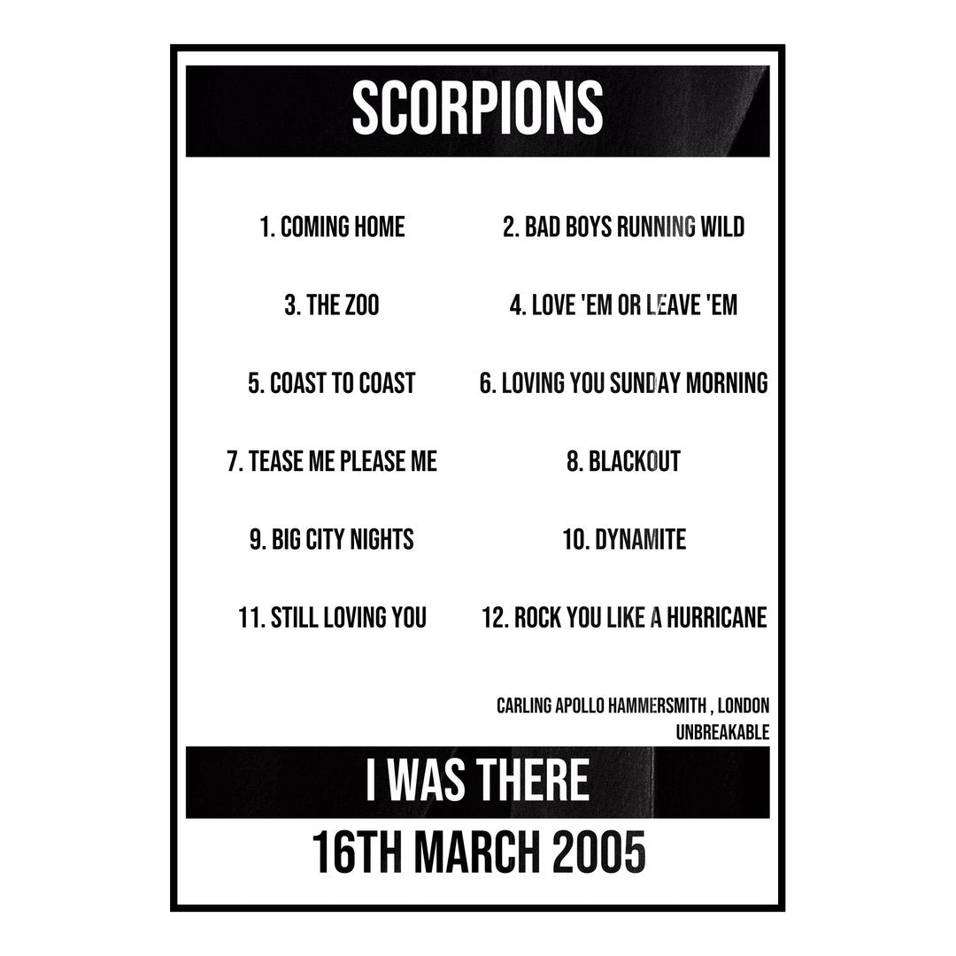 Scorpions London 16th March 2005 Setlist poster