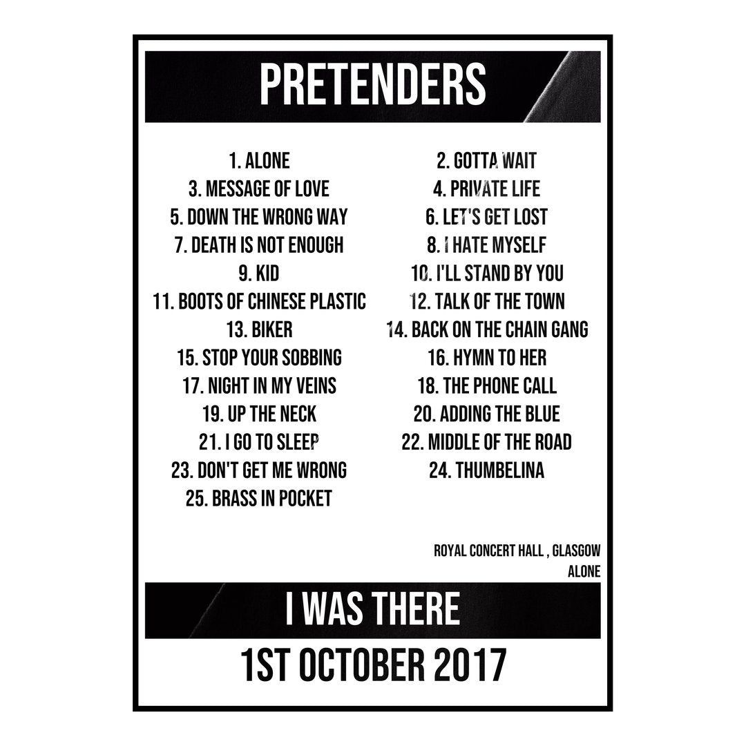 Pretenders Glasgow 1st October 2017 Setlist poster