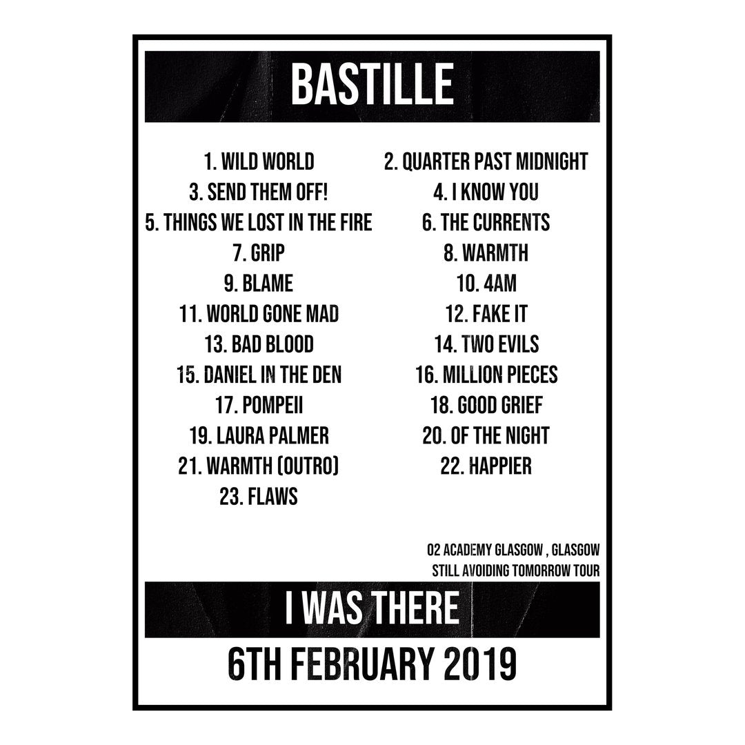 Bastille Glasgow 6th February 2019 Setlist poster