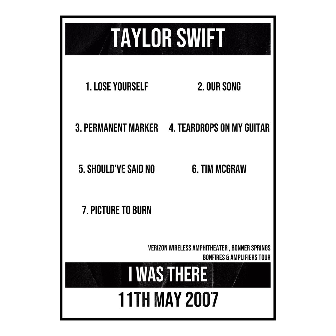 Taylor Swift Bonner Springs 11th May 2007 Setlist poster