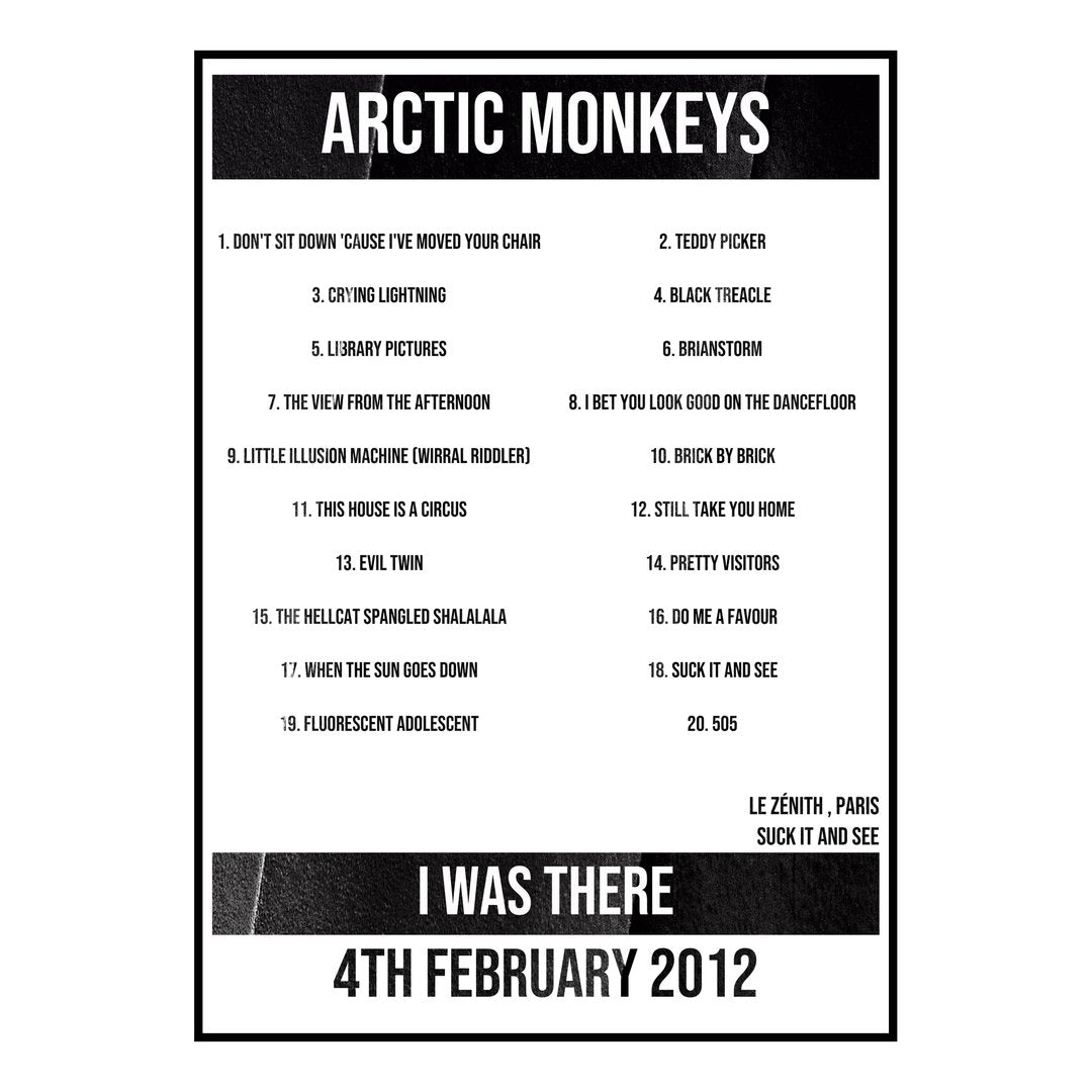 Arctic Monkeys Paris 4th February 2012 Setlist poster