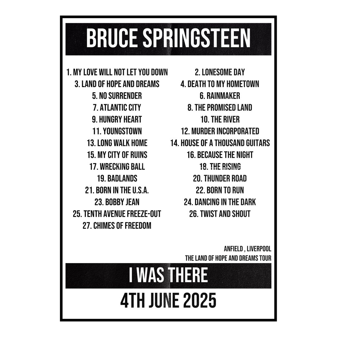 Bruce Springsteen Liverpool 4th June 2025 Setlist poster