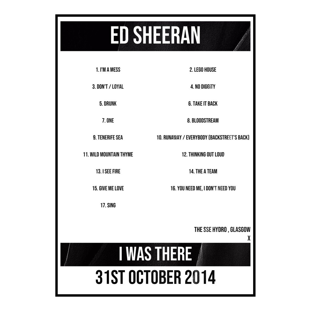 Ed Sheeran Glasgow 31st October 2014 Setlist poster