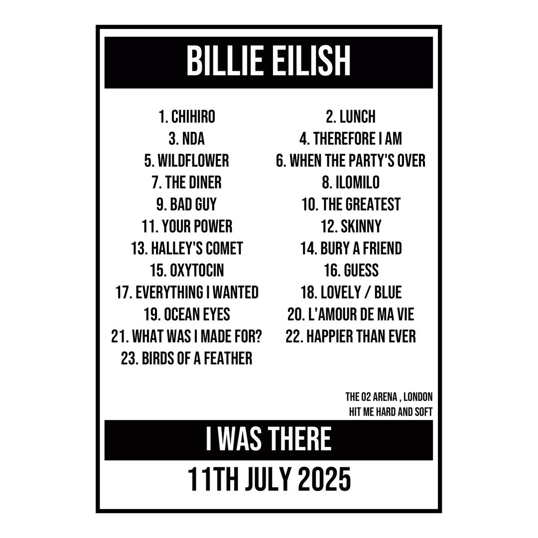 A Setlist Poster Featuring Billie Eilish Gig from London in 2025