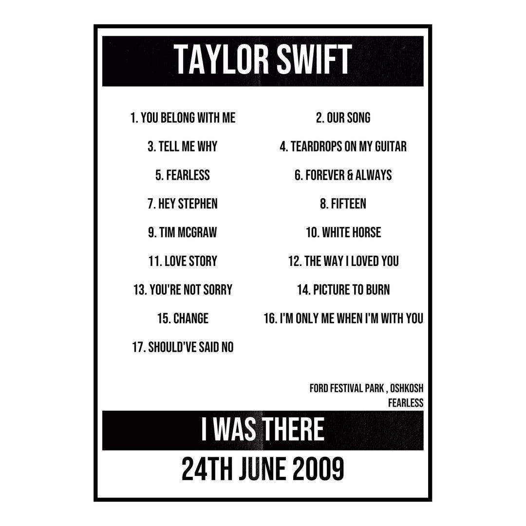 Taylor Swift Oshkosh 24th June 2009 Setlist poster