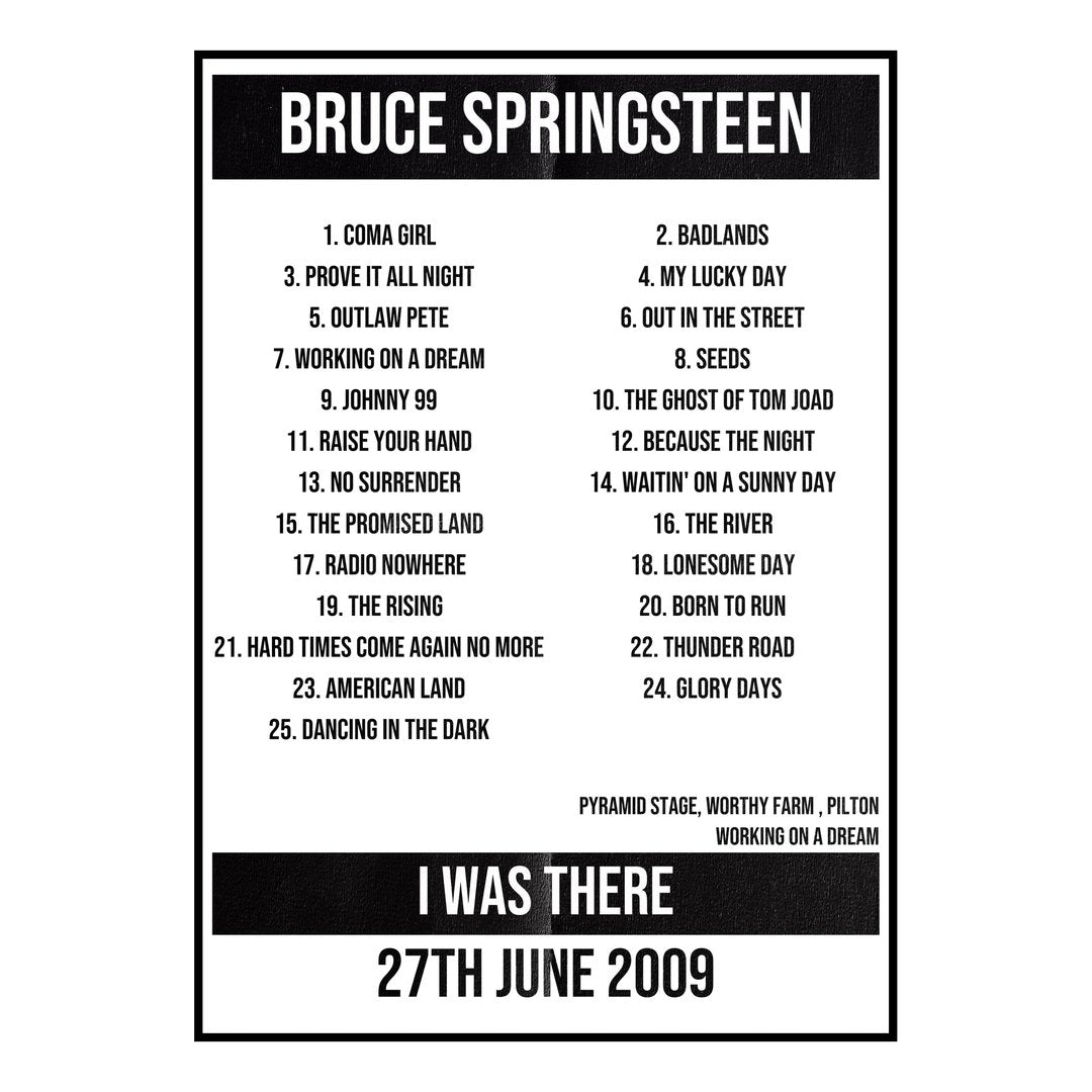 Bruce Springsteen Pilton 27th June 2009 Setlist poster