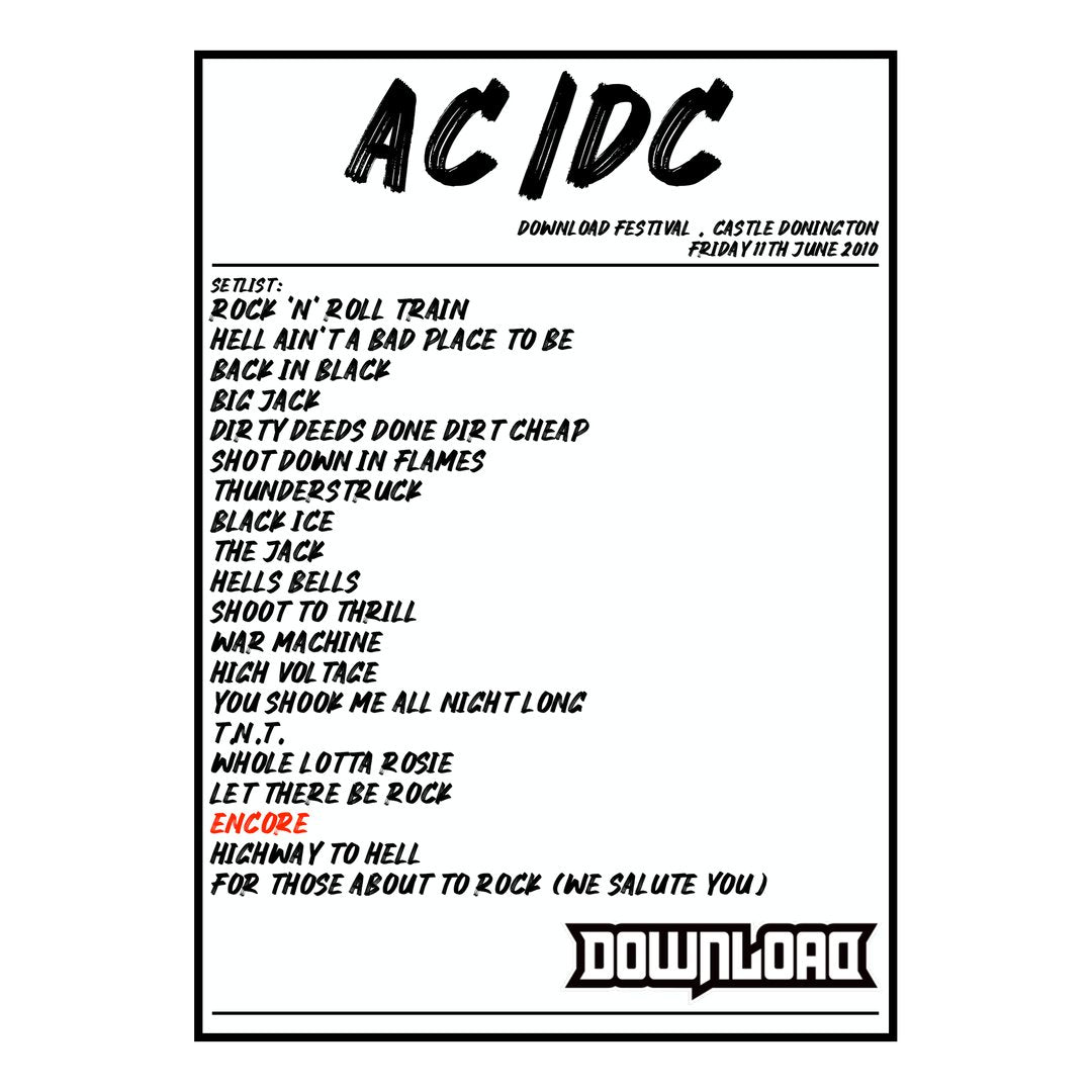AC/DC Castle Donington 11th June 2010 Setlist poster