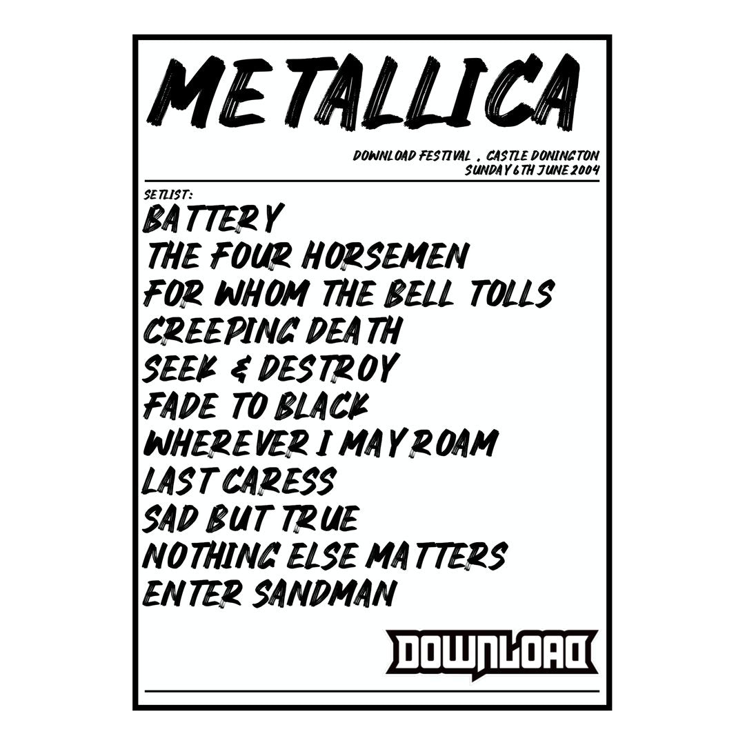 Metallica Castle Donington 6th June 2004 Setlist poster