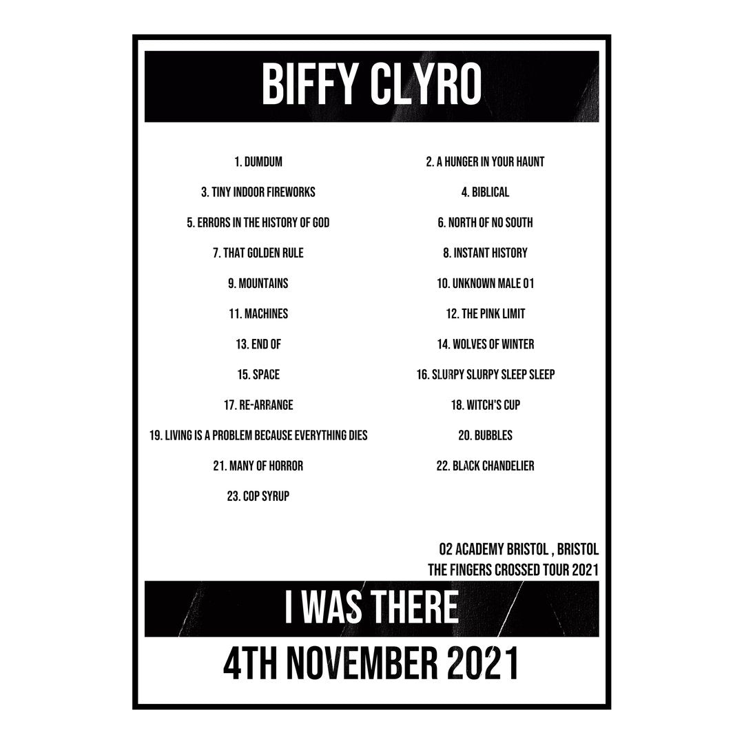 Biffy Clyro Bristol 4th November 2021 Setlist poster
