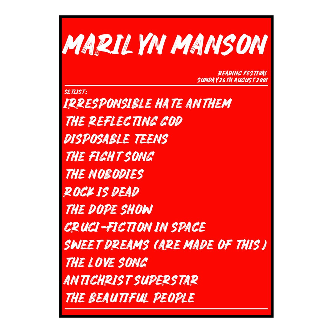 Marilyn Manson Reading 26th August 2001 Setlist poster