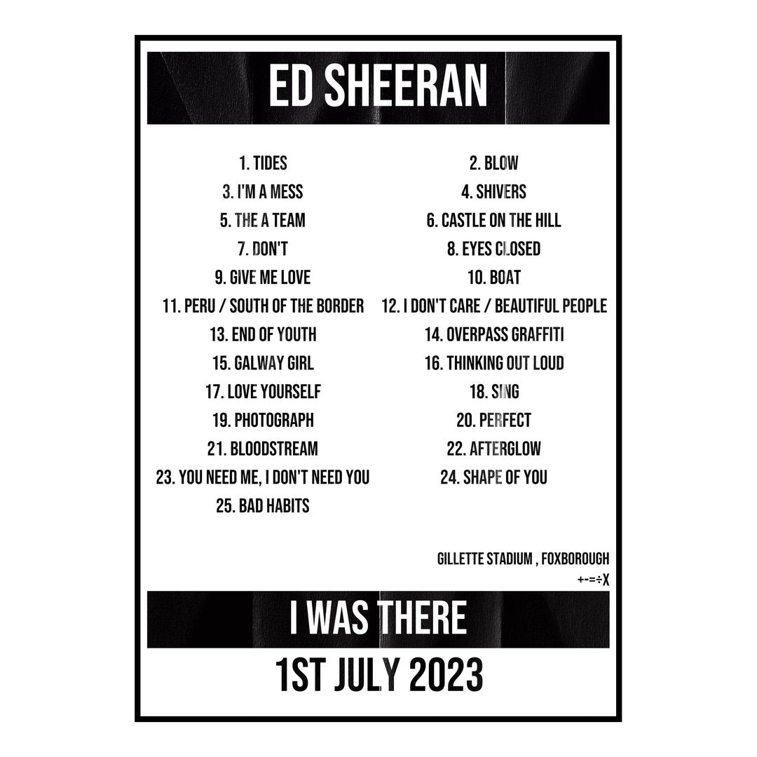 Ed Sheeran Foxborough 1st July 2023 Setlist poster