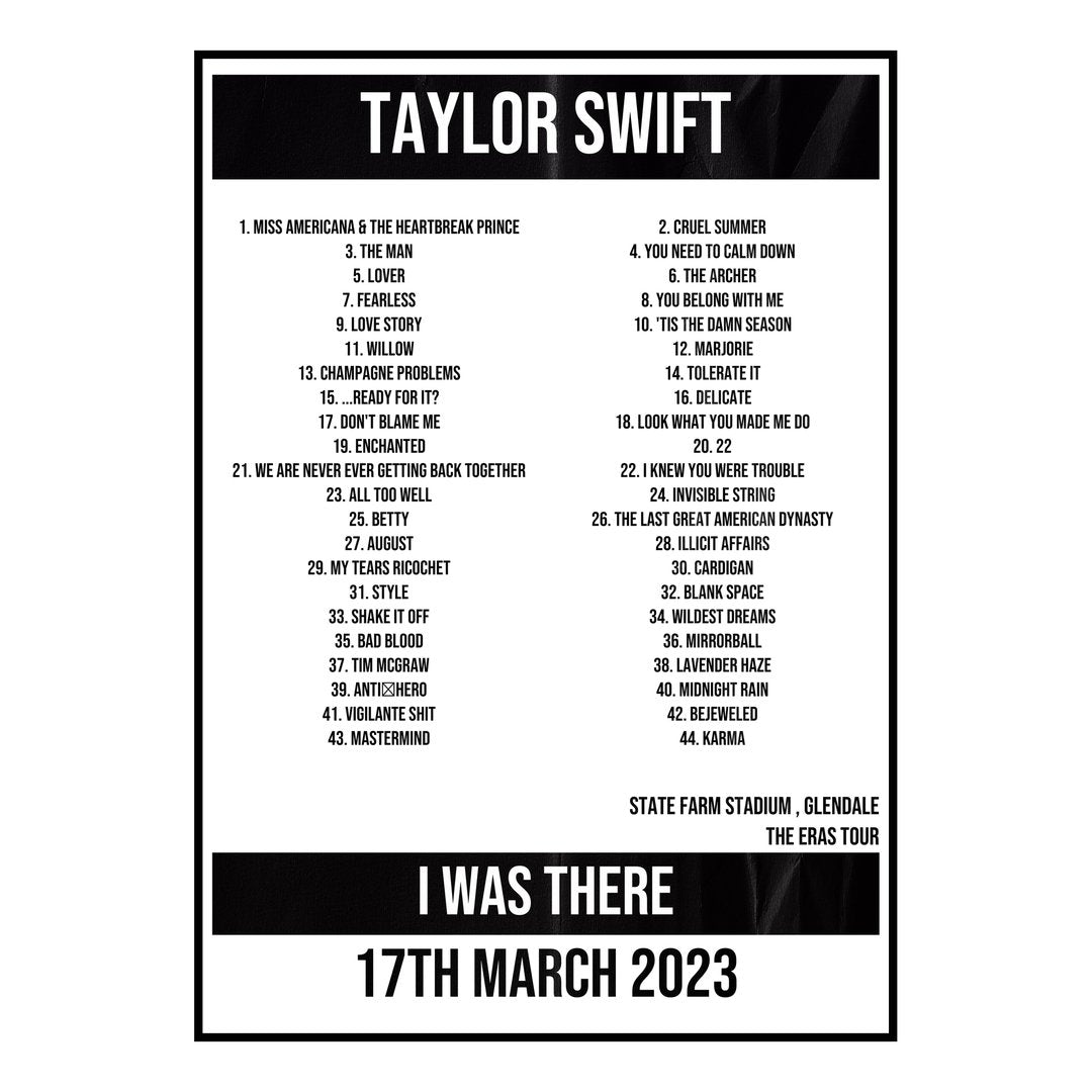 Taylor Swift Glendale 17th March 2023 Setlist poster