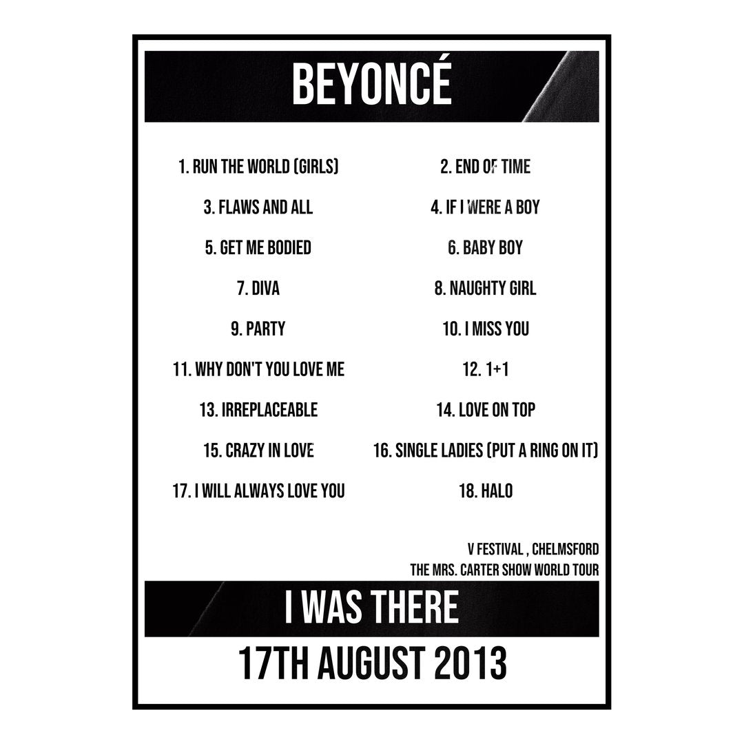 Beyoncé Chelmsford 17th August 2013 Setlist poster
