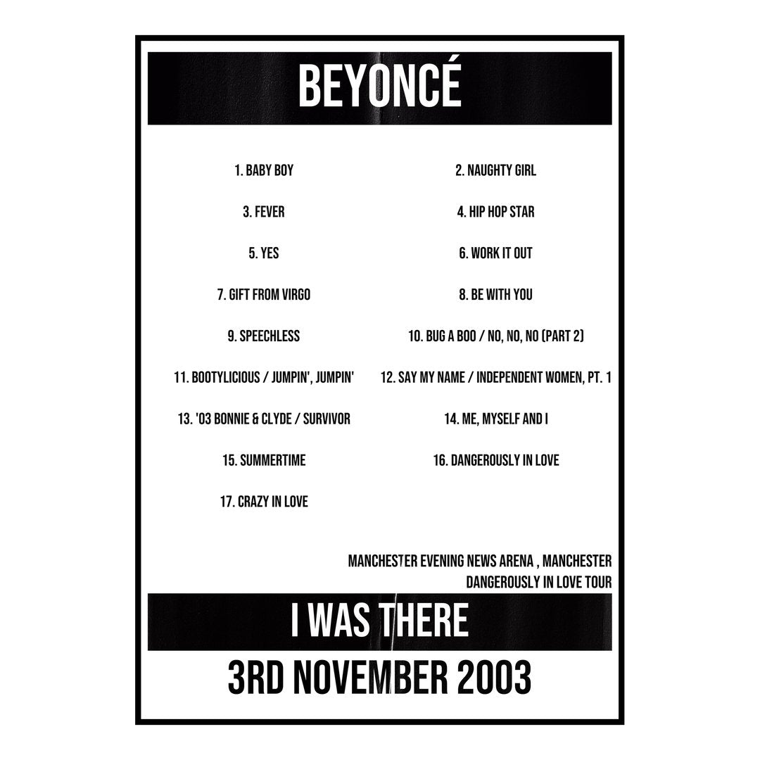 Beyoncé Manchester 3rd November 2003 Setlist poster