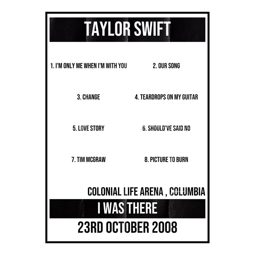 Taylor Swift Columbia 23rd October 2008 Setlist poster