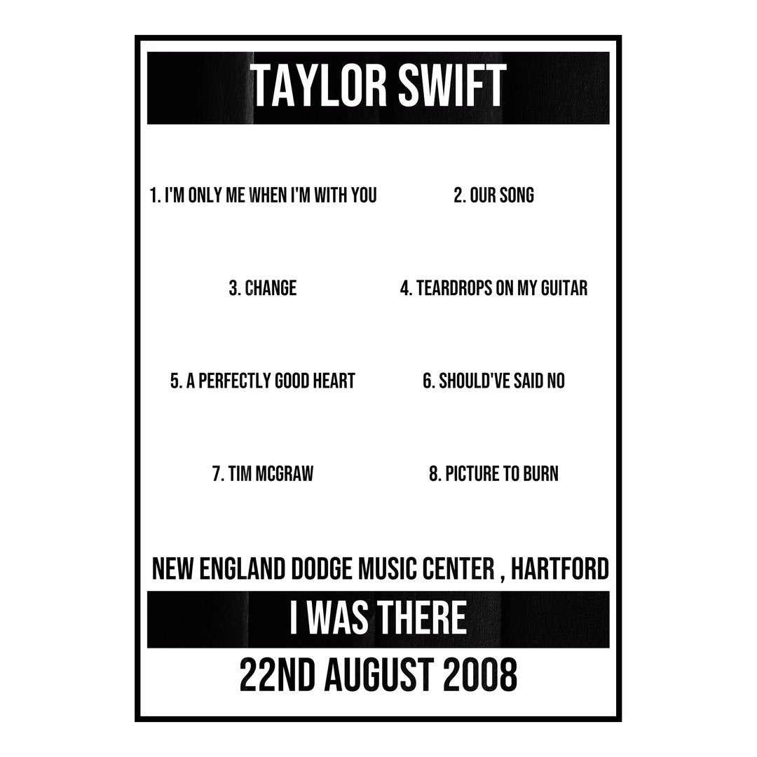 Taylor Swift Hartford 22nd August 2008 Setlist poster