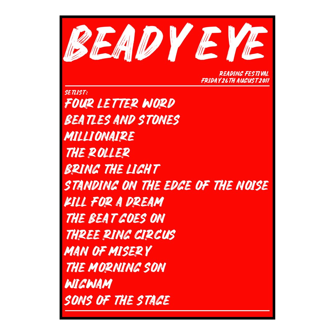 Beady Eye Reading 26th August 2011 Setlist poster