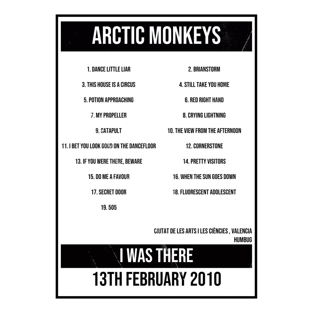 Arctic Monkeys Valencia 13th February 2010 Setlist poster