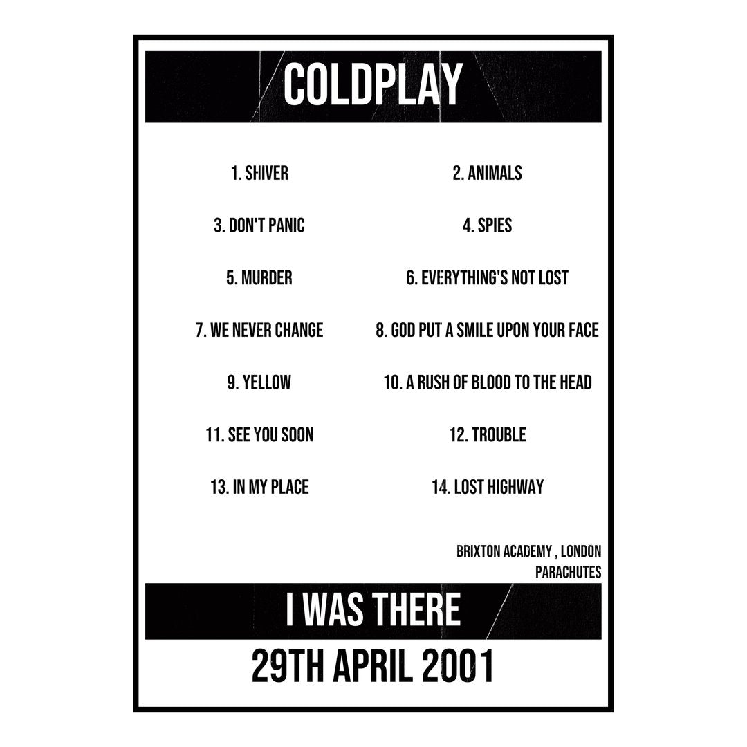 Coldplay London 29th April 2001 Setlist poster