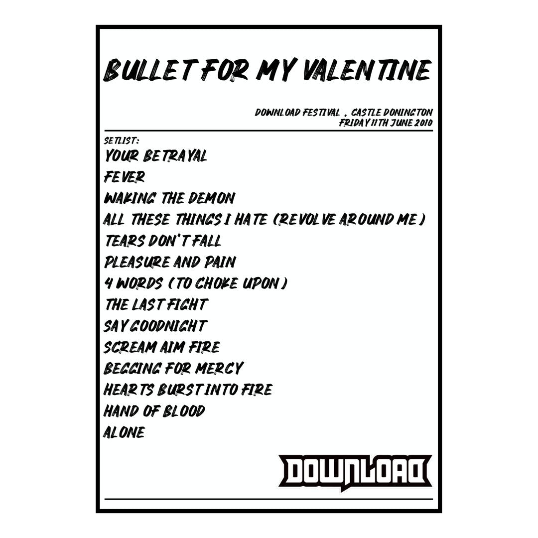 Bullet for My Valentine Castle Donington 11th June 2010 Setlist poster