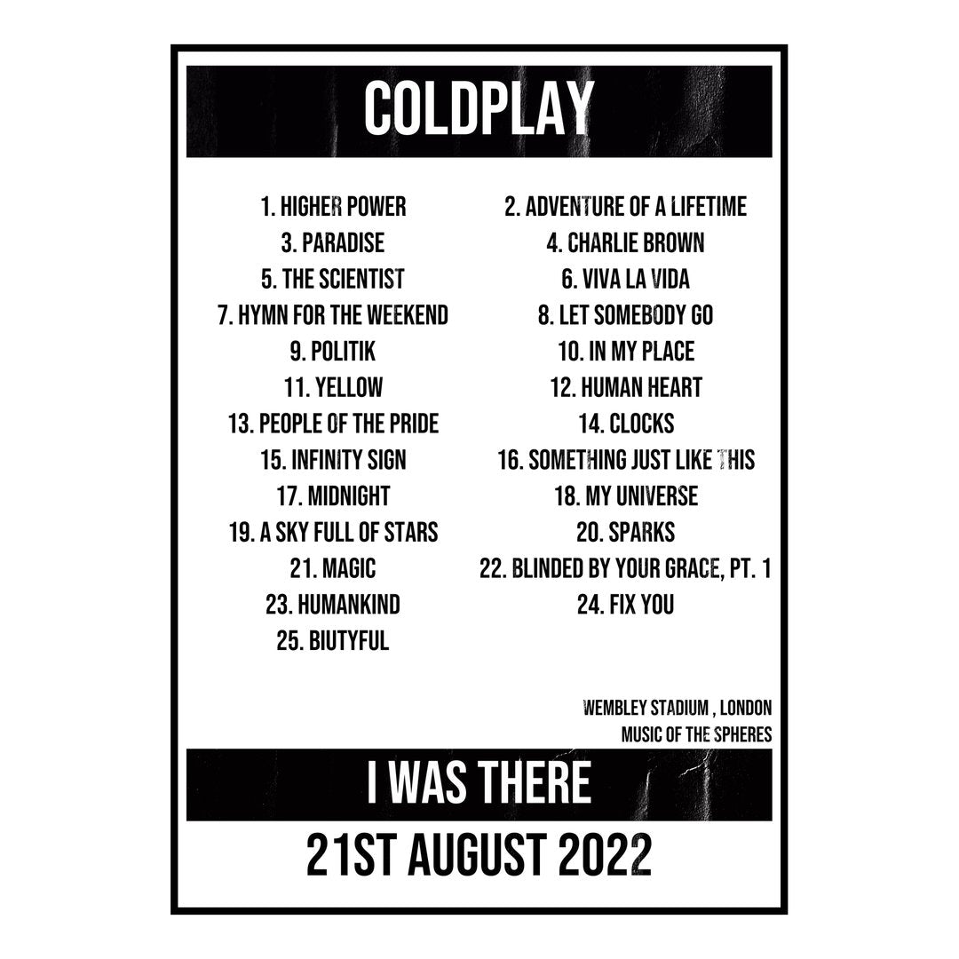 Coldplay London 21st August 2022 Setlist poster