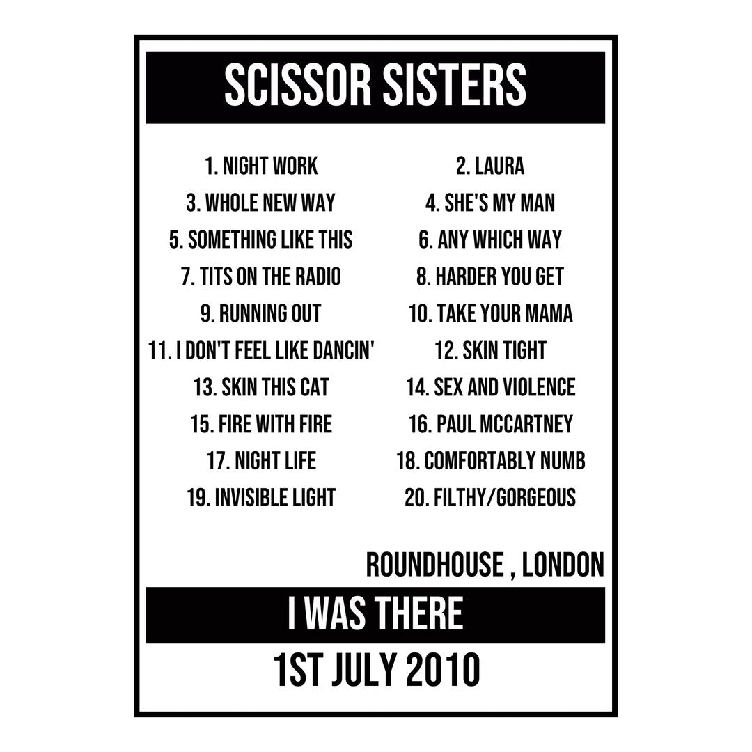 A Setlist Poster Featuring Scissor Sisters Gig from London in 2010